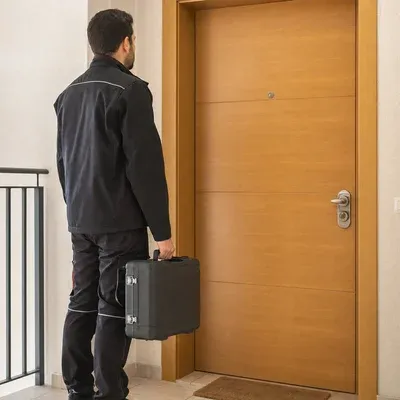 Cerrajero abriendo una puerta de madera con la llave puesta en el cilindro