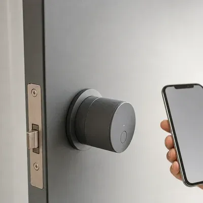 Cerradura inteligente con apertura desde el móvil instalada en una puerta